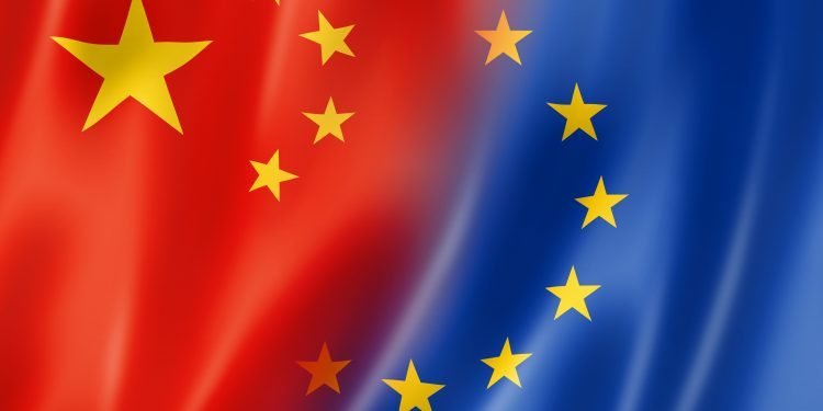 Mixed China and Europe flag, three dimensional render, illustration