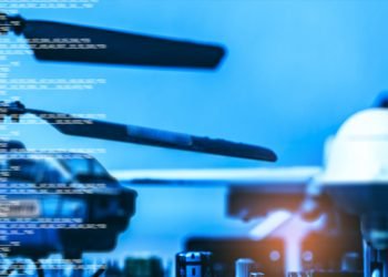 Government Military Technology Blurry Abstract Background, Helicopter And Drone With Computer Programming Code, Concepts Of Modern Military Operation.