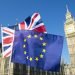 European Union and British Union Jack flag flying in front of Big Ben and the Houses of Parliament at Westminster Palace, London, in preparation for the Brexit EU referendum