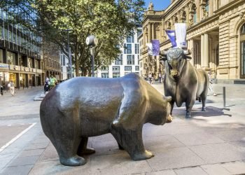 The Bull and Bear Statues at the Frankfurt Stock Exchange, Germany. Frankfurt Exchange is the 12th largest exchange by market capitalization.