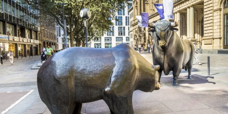 The Bull and Bear Statues at the Frankfurt Stock Exchange, Germany. Frankfurt Exchange is the 12th largest exchange by market capitalization.