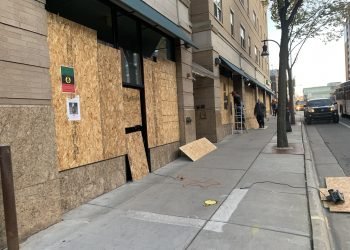 Boarded up businesses in Madison, Wisconsin