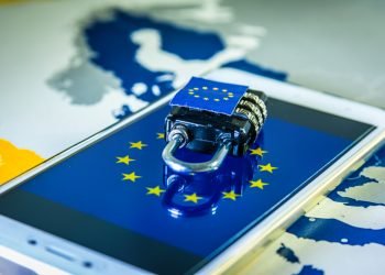 Padlock over a smartphone and EU map, symbolizing the EU General Data Protection Regulation or GDPR. Designed to harmonize data privacy laws across Europe.