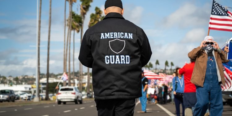 American Guard Trump supporters gather in the streets of Downtown San Diego to protest the 2020 Presidential election results