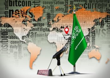 Saudi Arabia flag Country member of G20 on metal rack with microphone and name plate against world map on background headline and topic important Breaking news