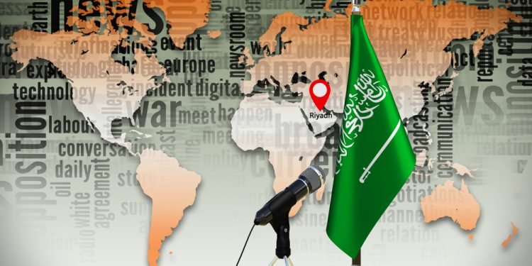 Saudi Arabia flag Country member of G20 on metal rack with microphone and name plate against world map on background headline and topic important Breaking news