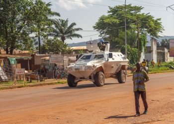 Bangui, Central African Republic - March 11 2014. Peace keepers patrol in streets of Bangui after ethnic clashes.