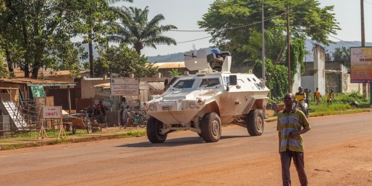 Bangui, Central African Republic - March 11 2014. Peace keepers patrol in streets of Bangui after ethnic clashes.