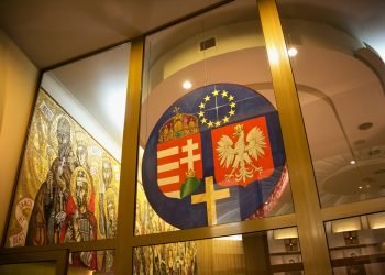 Coats of arms of Hungary and Poland in Basilica of the Divine Mercy of Sanctuary in Lagiewniki. Millions of pilgrims from around the world visit sanctuary every year.