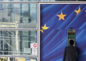 EU Flags outside The European Parliament, Brussels, Belgium