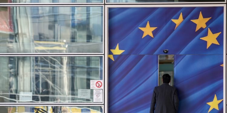 EU Flags outside The European Parliament, Brussels, Belgium