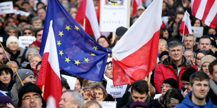 The demonstration of the Committee of the Defence of the Democracy KOD for free media /wolne media/ and democracy against PIS government. Cracow , Poland