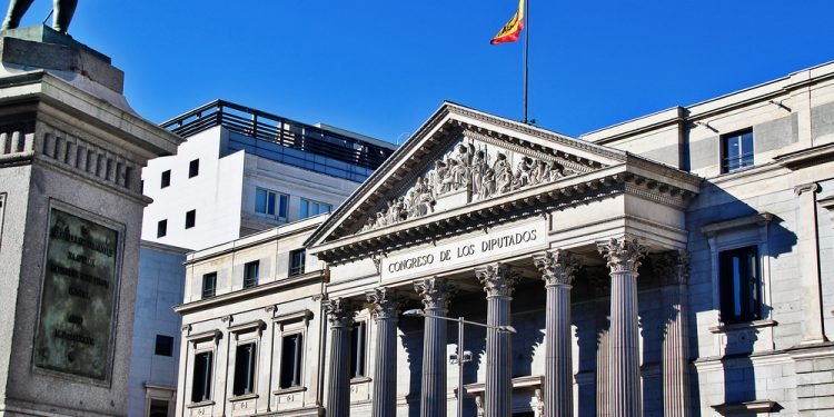 The Congress of Deputies of Spain (Congreso de los Diputados), the lower house of the Cortes Generales, Spain's legislative branch, located in the Palace of the Parliament ,Plaza de las Cortes, Madrid