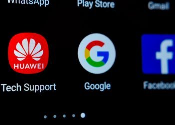 Stone, Staffordshire / United Kingdom - June 7 2019: Close up photo of Huawei, Google, Facebook app icons on a smartphone screen. Illustrative photo for the recent news about US -China tech giants