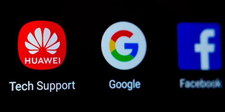 Stone, Staffordshire / United Kingdom - June 7 2019: Close up photo of Huawei, Google, Facebook app icons on a smartphone screen. Illustrative photo for the recent news about US -China tech giants