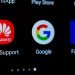 Stone, Staffordshire / United Kingdom - June 7 2019: Close up photo of Huawei, Google, Facebook app icons on a smartphone screen. Illustrative photo for the recent news about US -China tech giants