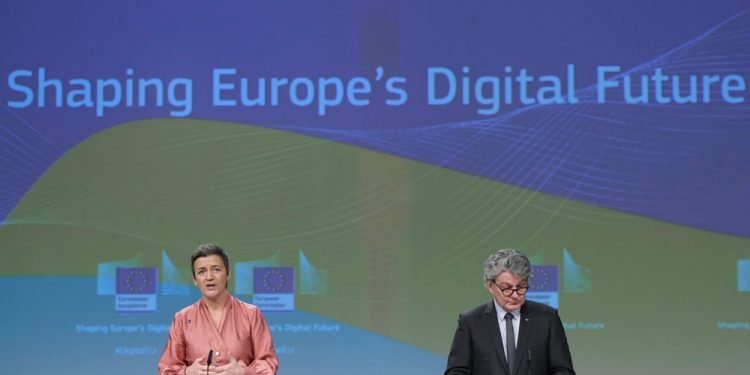 Brussels, Belgium. 19th February 2020. EU Commissioner for Internal Market Thierry Breton addresses a press conference on Artificial Intelligence (AI)