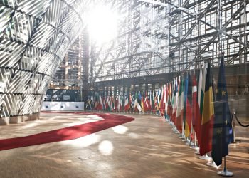 The Member States flags of the European Union in EU Council building in Brussels, Belgium