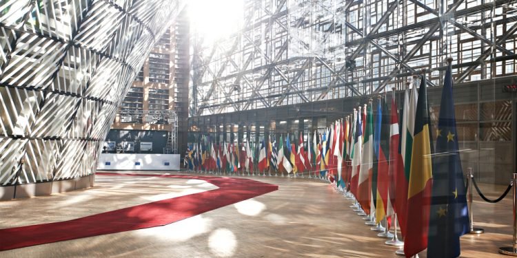 The Member States flags of the European Union in EU Council building in Brussels, Belgium