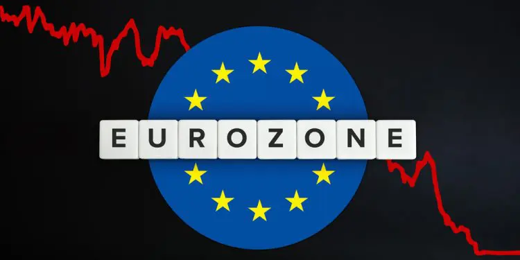 Eurozone or the euro area facing economic recession and decline of economy due to coronavirus or covid-19 crisis. European union (EU) flag, red stock chart and block letters on black background.