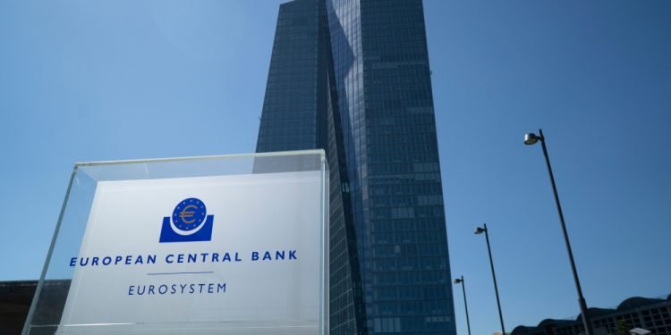 Close up of the sign at the European Central Bank in Frankfurt Germany where monetary policy for Europe and the Eurozone is made.