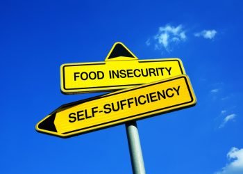 Food Insecurity or Self-Sufficiency - Traffic sign with two options - appeal to have self sufficient agriculture and cultivation of land. Prevention against starvation and famine during crop failure