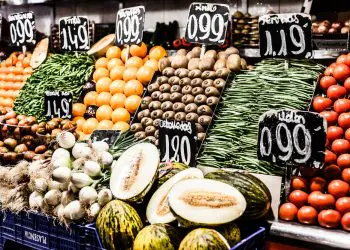 Fruits stand in La Boqueria market, Barcelona Spain