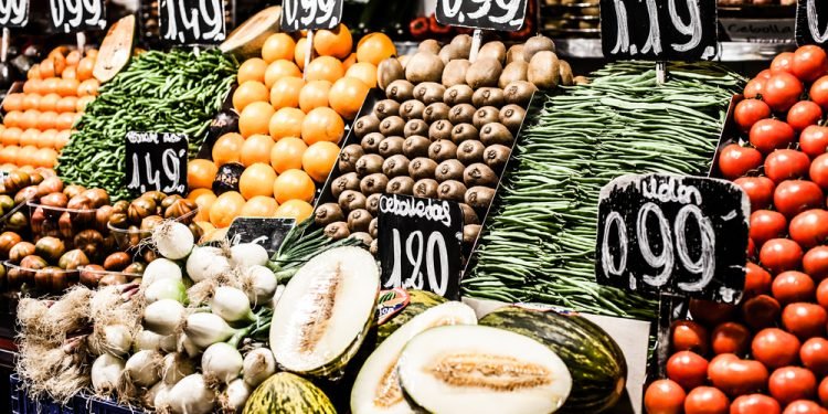 Fruits stand in La Boqueria market, Barcelona Spain