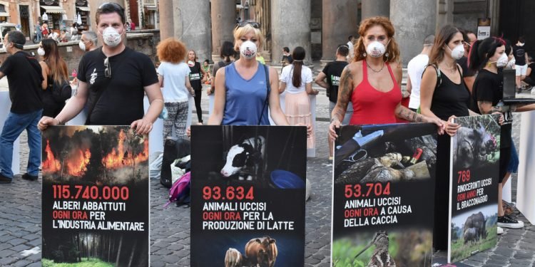 ROME,JULY 10,2020 PANTHEON, PROTEST BY SOME ITALIAN ANIMAL RIGHTS ACTIVISTS AGAINST THE KILLING OF ANIMALS