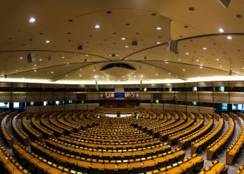 A huge empty hall of European lawmakers.