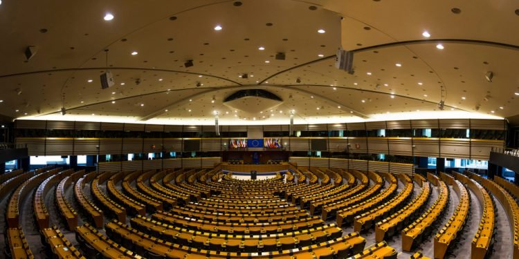 A huge empty hall of European lawmakers.