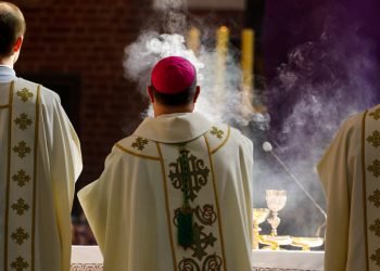 Bishop censes incense during Chrism Mass in the Cathedral Church of St. John the Baptist and St. John the Evangelist