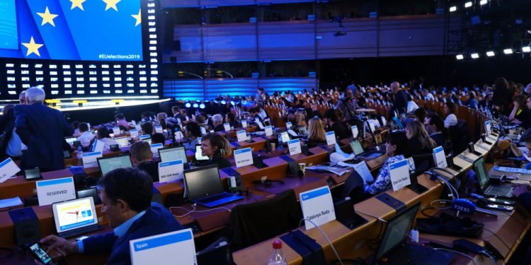 Brussels, Belgium. 26th May 2019. Interior view of i the European Parliament during the night of EU elections.