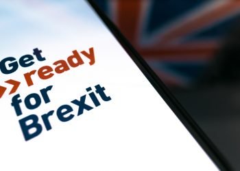 Rostov-on-Don / RUSSIA - January 25 2020: smartphone with text Get ready for Brexit on the background of the British flag