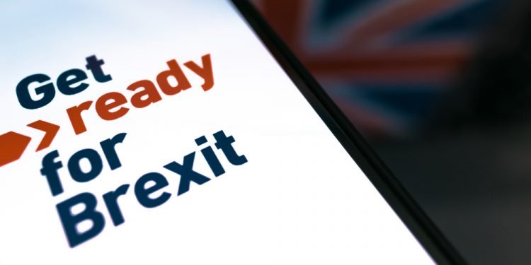 Rostov-on-Don / RUSSIA - January 25 2020: smartphone with text Get ready for Brexit on the background of the British flag