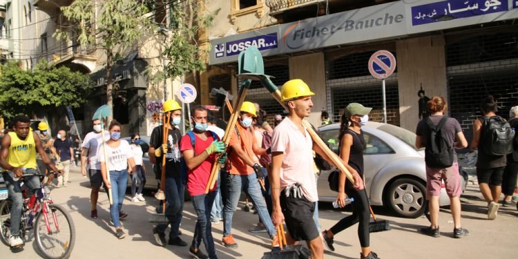 August 6, 2020: Lebanese volunteers band together to clean up and give aid in Beirut Downtown after the tragic explosion happened in Port of Beirut on August 4, 2020 - Beirut Lebanon