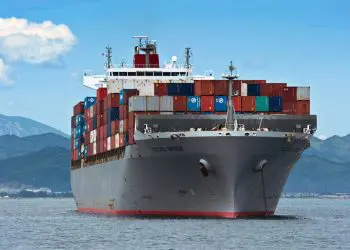 Container ship Vecchio Bridge standing on the roads at anchor. Nakhodka Bay