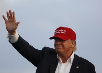 Trump, speaks during a rally aboard the Battleship USS Iowa in San Pedro, Los Angeles, California