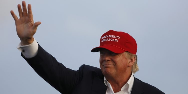 Trump, speaks during a rally aboard the Battleship USS Iowa in San Pedro, Los Angeles, California