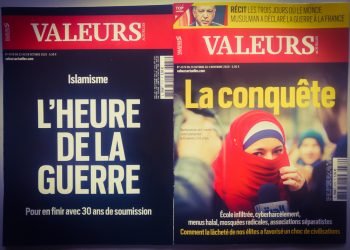 Nice, France - Oct. 29, 2020 - Front pages about Islam of the conservative newspaper Valeurs Actuelles, while France is hit by a wave of terror knife attacks and beheadings amid the jihadist threat