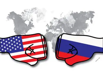 Fist with USA and Russia flag colors background illustration.