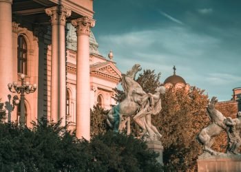 NATIONAL ASSEMBLY OF SERBIA, BELGRADE SERBIA in SEPTEMBER 2017: Details of the famous Parliament building in the center of Belgrade.