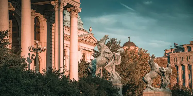 NATIONAL ASSEMBLY OF SERBIA, BELGRADE SERBIA in SEPTEMBER 2017: Details of the famous Parliament building in the center of Belgrade.