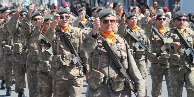 Limassol, Cyprus, March 25th, 2019: Troops of the Cypriot National Guard marching along the Archbishop Makarios III Avenue