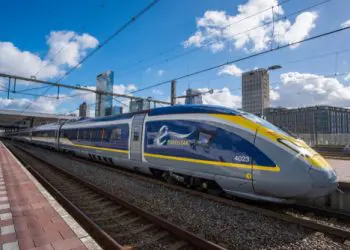 Rotterdam / the Netherlands - March 7, 2019: Eurostar train arrives at Rotterdam Central Station