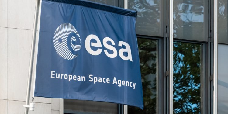 Brussels, Belgium - September 10, 2019: European Space Agency (esa) flag in front of Brussels offices in the European district.