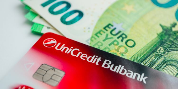 Unicredit Bulbank card and euro money banknotes.