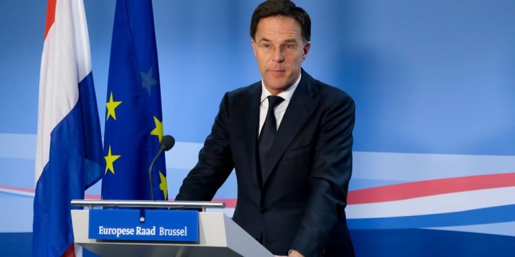 Brussels, Belgium. 21st Feb. 2020. Prime Minister of Netherlands, Mark Rutte speaks during a press conference following the EU leaders summit.