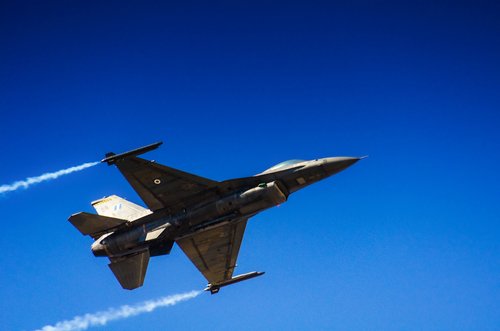 TANAGRA, ATHENS - SEPTEMBER 22 2018: Fighter / trainer two-seat military aircraft F-16 of the Hellenic (Greek) Air Force, during AFW (Athens Flying Week) airshow 2019