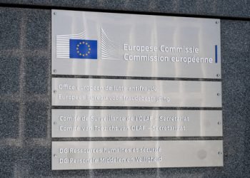 Brussels, Belgium - May 20, 2020: Sign at the entrance of the OLAF building, the European Anti-Fraud Office of the European Commission, Brussels, Belgium.